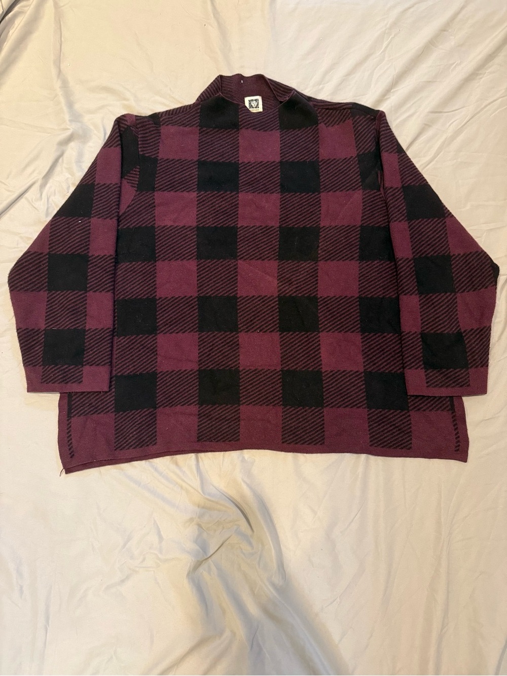 Anne Klein Buffalo Check Mock Neck Sweater Maroon Black Size XL